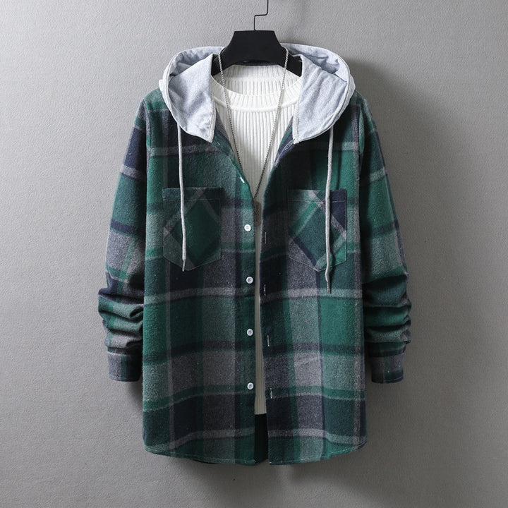 Men's casual flannel shirt jacket with hood and graphic check pattern Lisslune