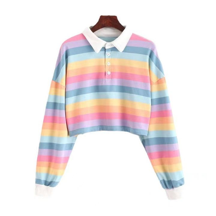 Women Cropped Polo Shirt with Colorful Stripes and Loose Fit Lisslune