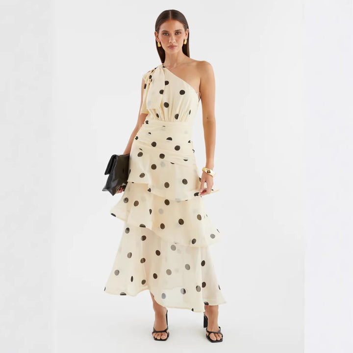 Women's maxi dress with asymmetrical shoulder design and voluminous skirt Lune London