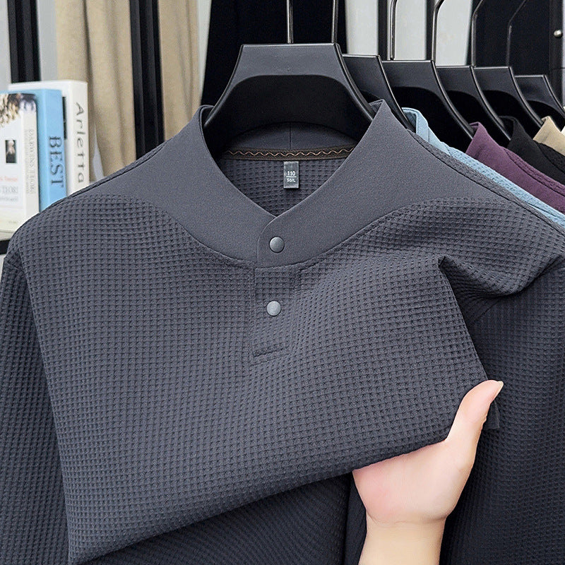 Men's Long Sleeve Shirt with Textured Design and Stand-up Collar Lisslune