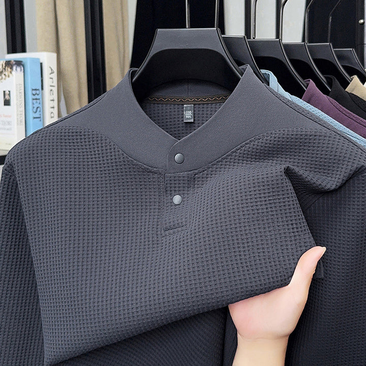 Men's Long Sleeve Shirt with Textured Design and Stand-up Collar Lisslune