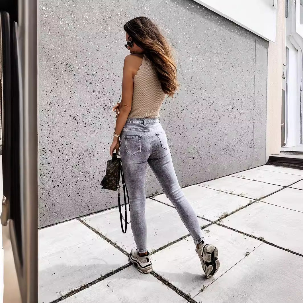 Women's Skinny Jeans with High Pockets and Trendy Distressed Details Lisslune