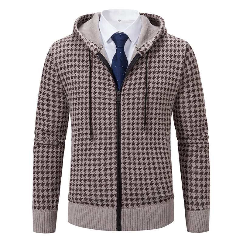 Men's comfortable knitted pullover with modern check pattern and hood Lisslune