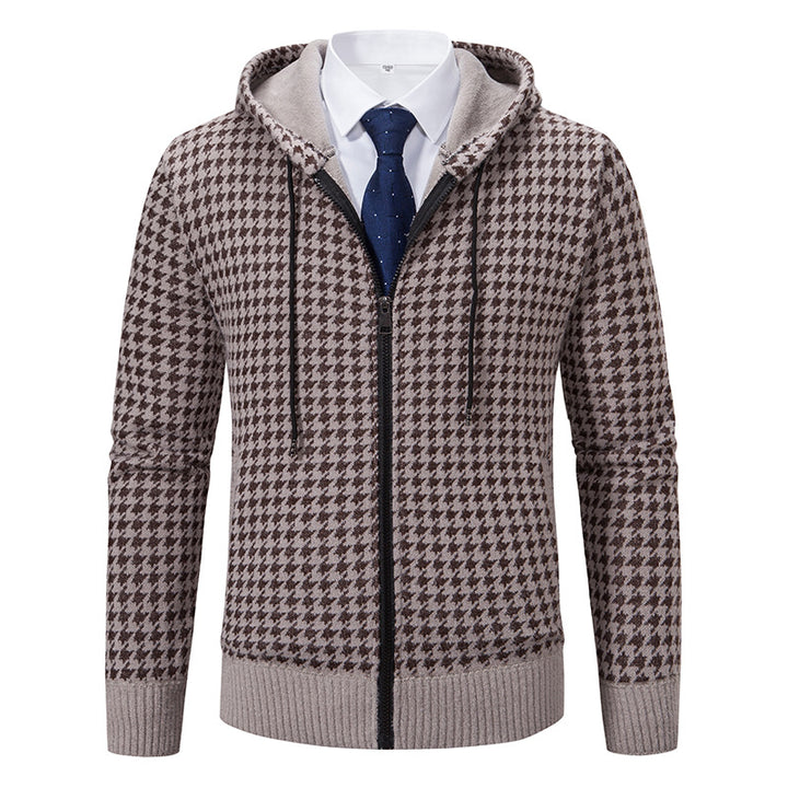 Men's comfortable knitted pullover with modern check pattern and hood Lisslune