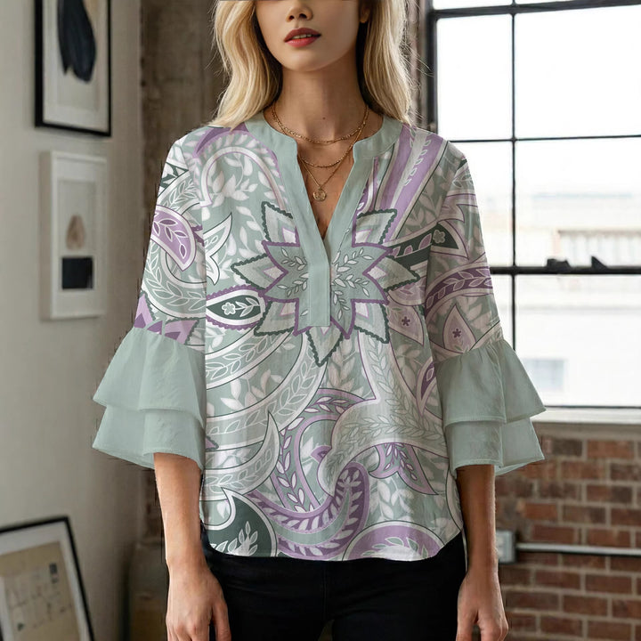 Women's blouse with voluminous ruffle sleeves and creative floral design Lisslune