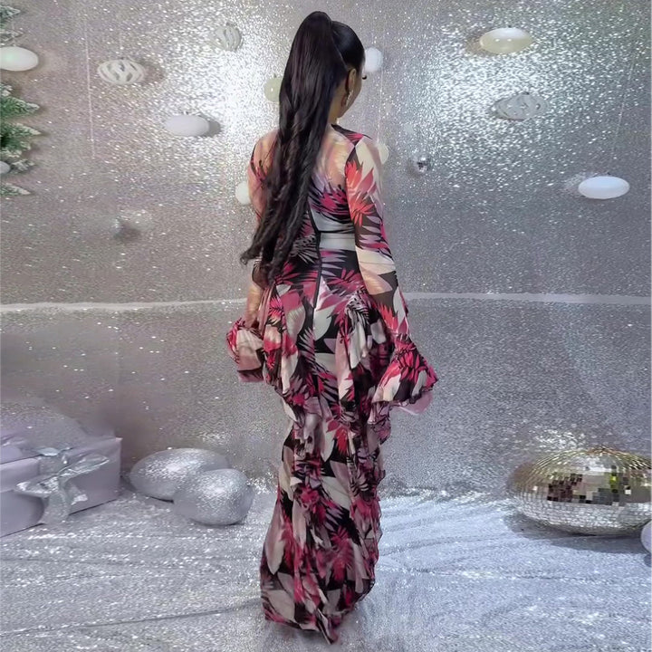 Women's maxi dress with transparent sleeves and floral pattern