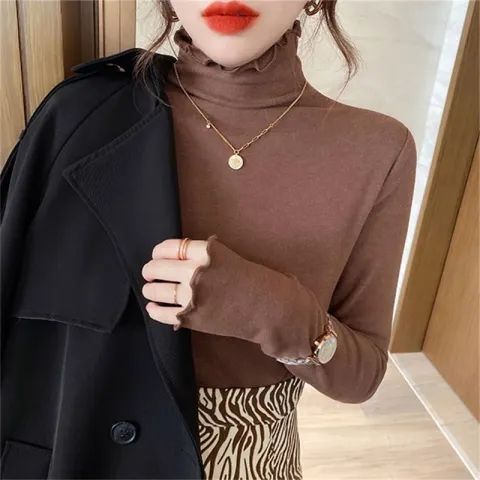 Women's Long Sleeve Turtleneck Top with Fine Rib Design and Casual Fit