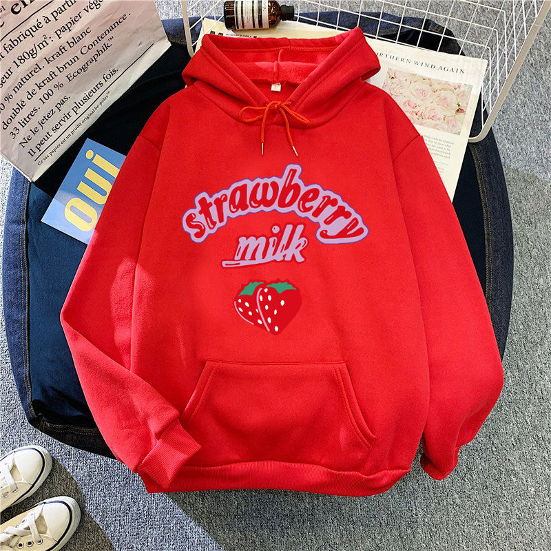 Ladies hooded sweatshirt with cheerful strawberry milk design Lisslune