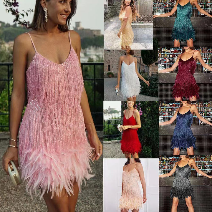Women's Glittering Mini Dress with Fringe Details and Off-Shoulder Design Lisslune