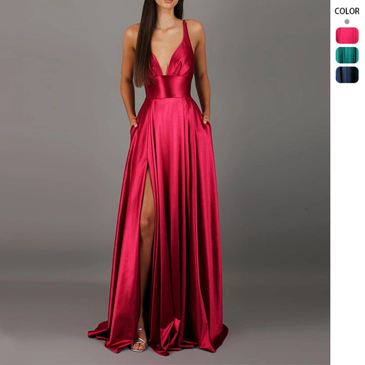 Ladies Elegant Maxi Dress with Deep V-Neck and Fashionable Split