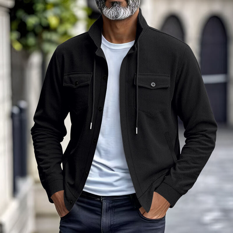 Men's cord jacket with practical chest pockets and fashionable stand-up collar Lisslune