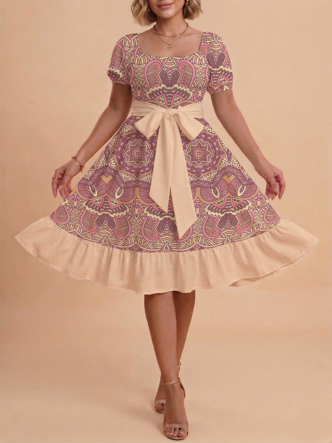 Women A-line dress with floral motifs and adjustable belt Lisslune