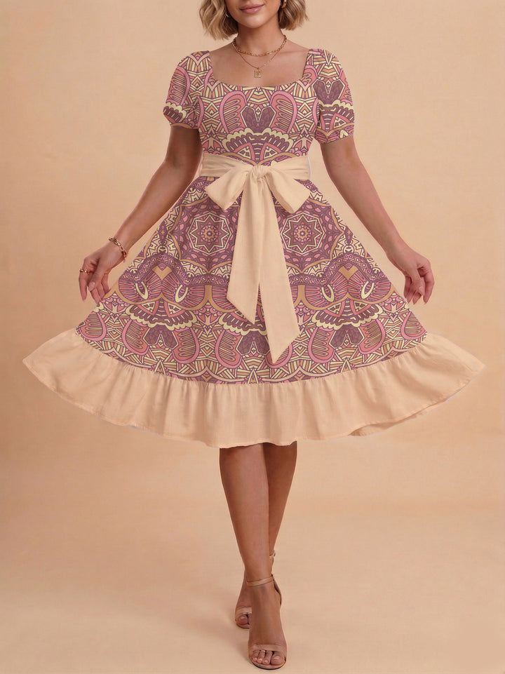 Women A-line dress with floral motifs and adjustable belt Lisslune