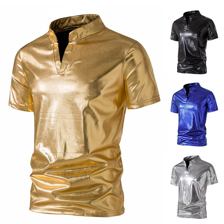 Men's shiny short-sleeve shirt in modern stand-up collar design Lisslune