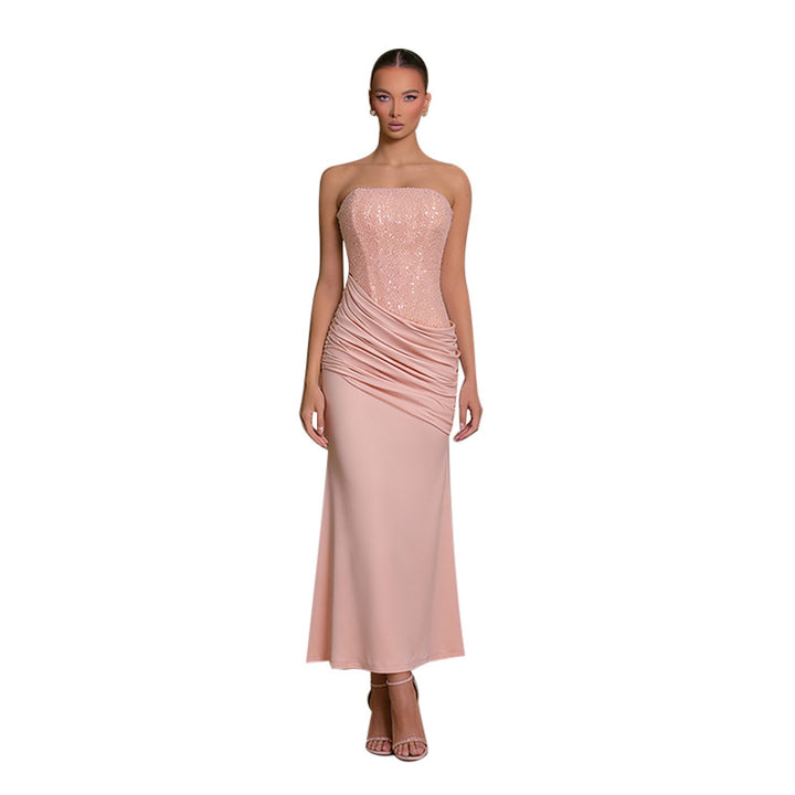 Women Elegant Long Evening Dress with Figure-Flattering Ruffle Design and Shimmering Sequins