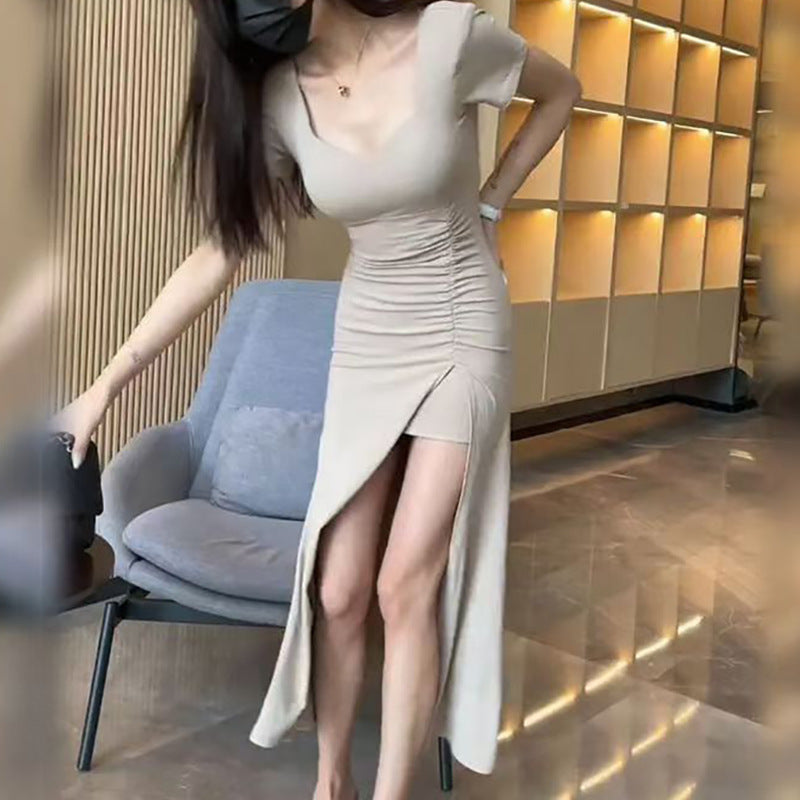 Women's form-fitting long dress with stylish gathering effect and high slit