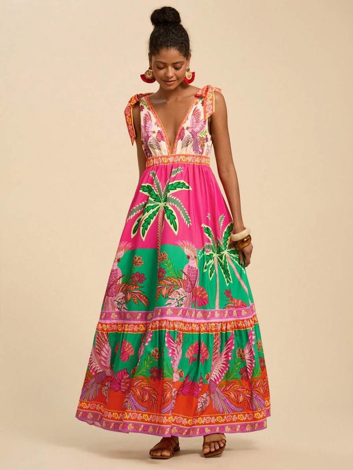 Women's maxi dress with deep V-neckline and playful lacing details Lune London