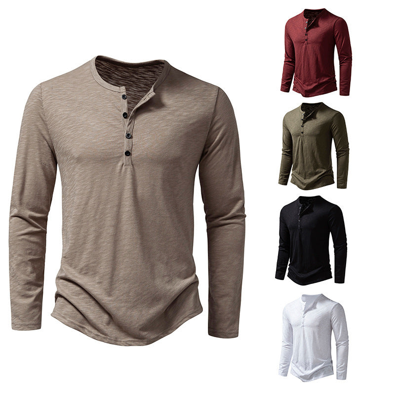 Men's Long Sleeve T-Shirt with Button Placket and Fashionable Stand-up Collar Lisslune