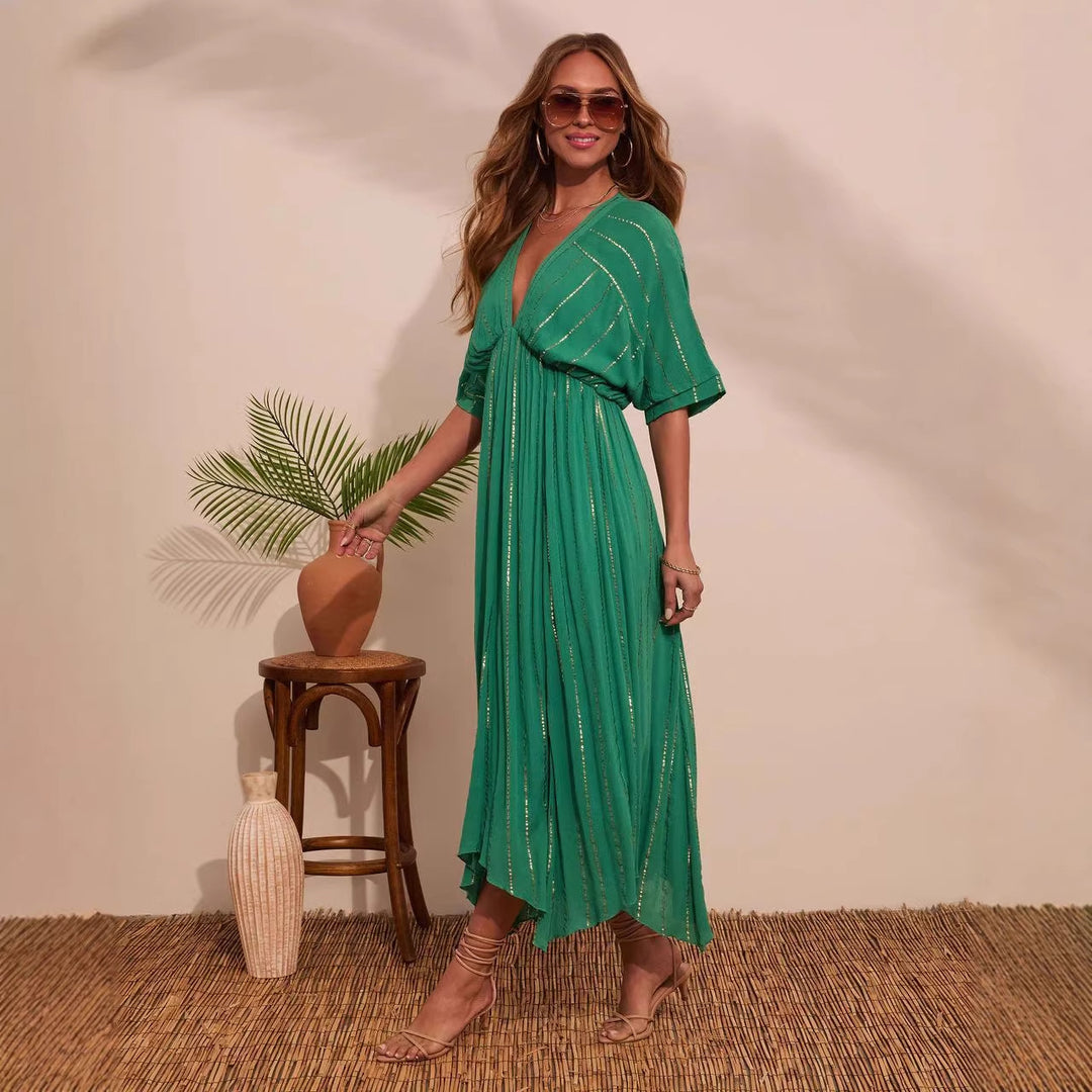 Women's maxi dress with high V-neck and flowing pleats