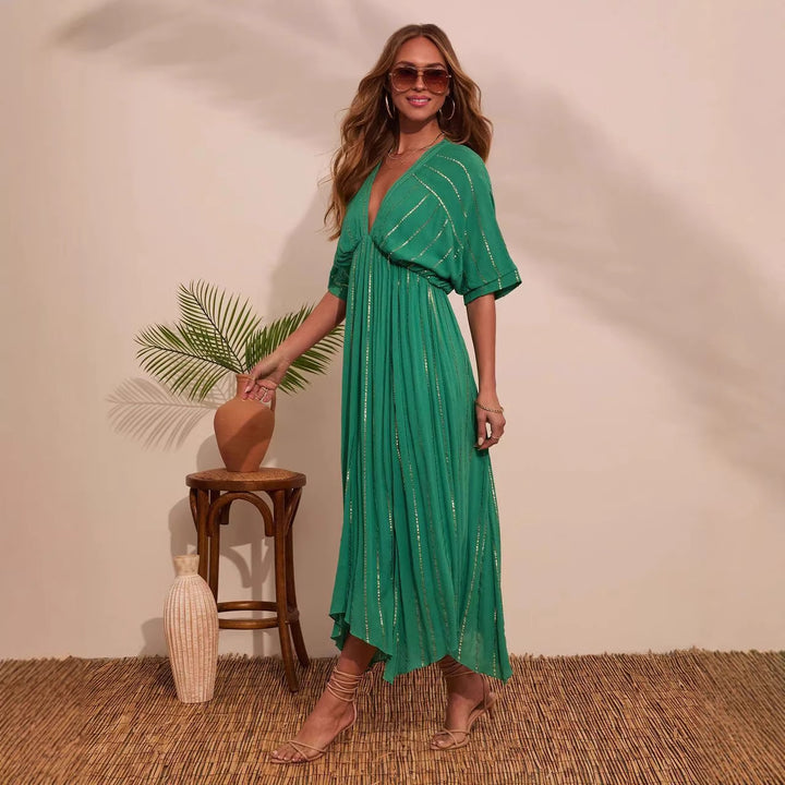 Women's maxi dress with high V-neck and flowing pleats
