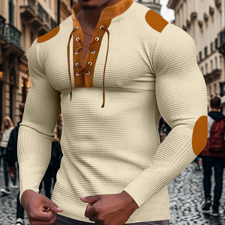 Men's long-sleeve Henley shirt with decorative lacing design Lisslune