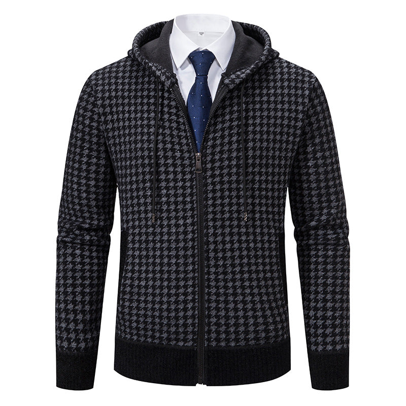 Men's comfortable knitted pullover with modern check pattern and hood Lisslune
