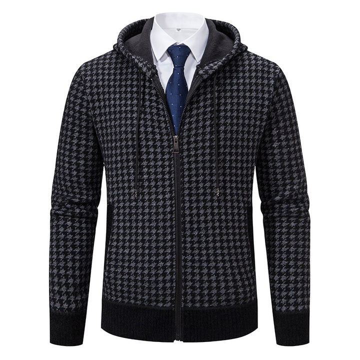 Men's comfortable knitted pullover with modern check pattern and hood Lisslune
