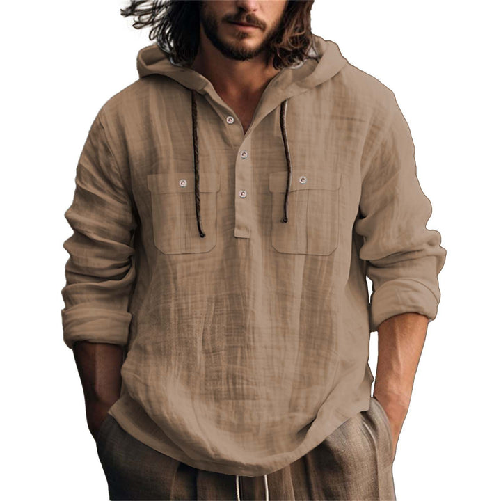 Men's hooded shirt with practical pockets and stylish button placket design Lisslune