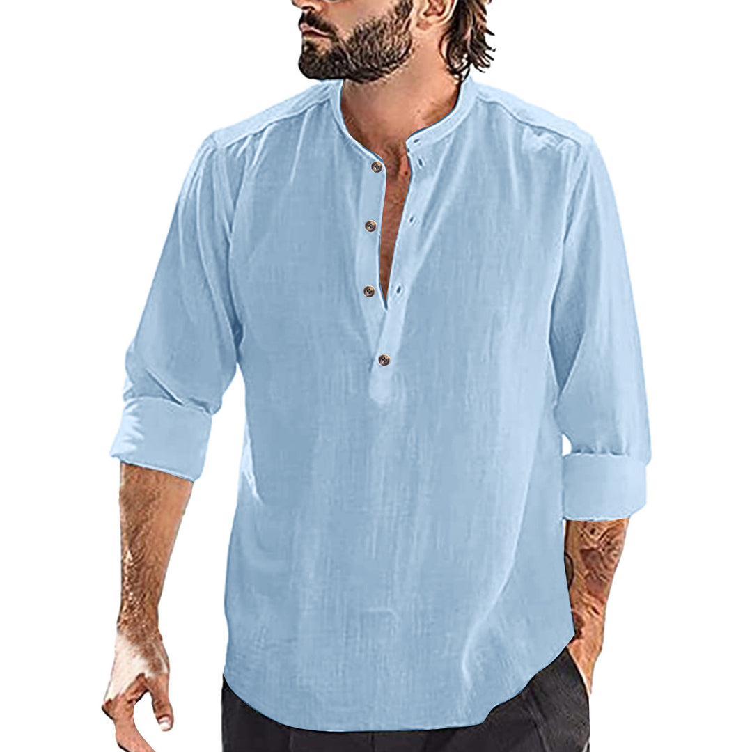 Men's Long Sleeve Henley Shirt made of lightweight linen fabric with decorative buttons and practical cut Lisslune