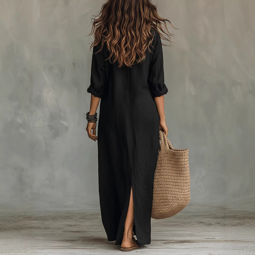 Women's Long Shirt Dress with Button Closure and Side Slit Lisslune