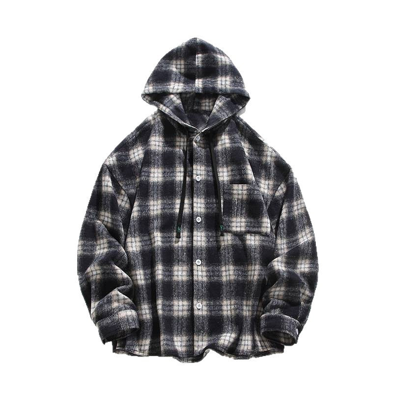 Men's Checked Flannel Jacket with Hood and Button Closure Lisslune