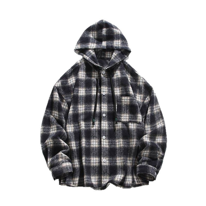 Men's Checked Flannel Jacket with Hood and Button Closure Lisslune