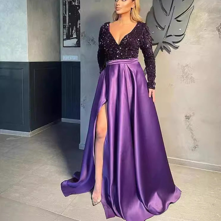 Women's Glamorous Evening Dress with Sparkling Sequins and High Slit Lisslune