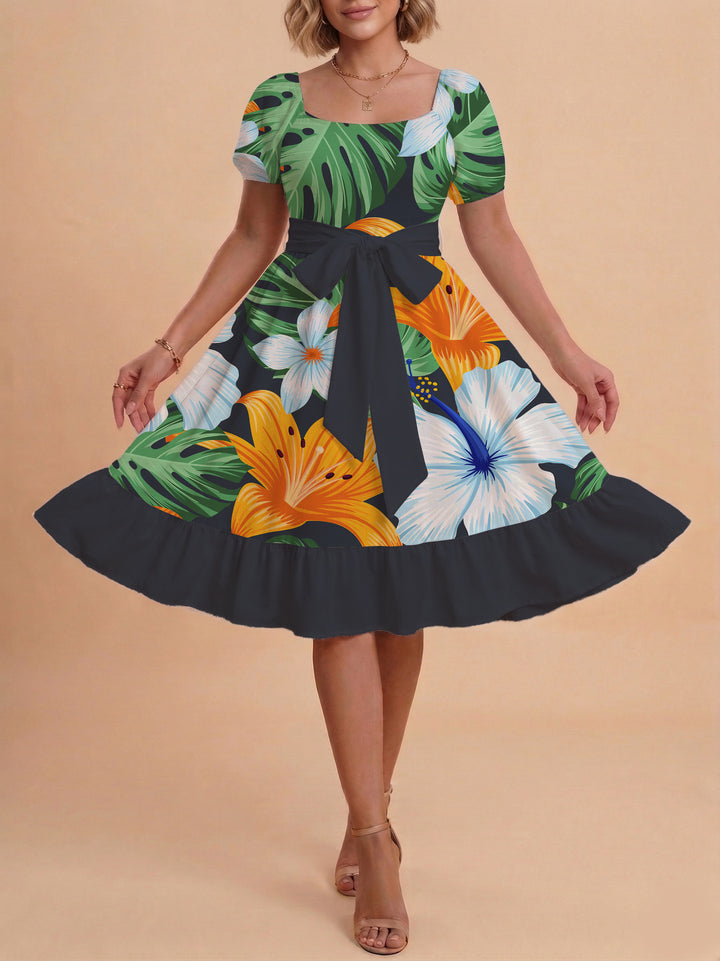 Women A-line dress with floral motifs and adjustable belt Lisslune