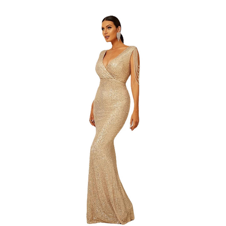 Women's Glamorous Evening Dress with Sparkling Sequins and Off-Shoulder Sleeves Lisslune