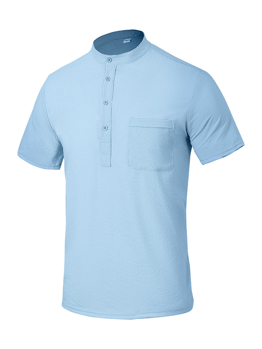 Men's Short Sleeve Shirt with Modern Stand Collar and Subtle Texture Lisslune