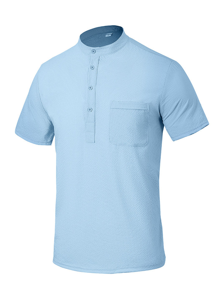 Men's Short Sleeve Shirt with Modern Stand Collar and Subtle Texture Lisslune