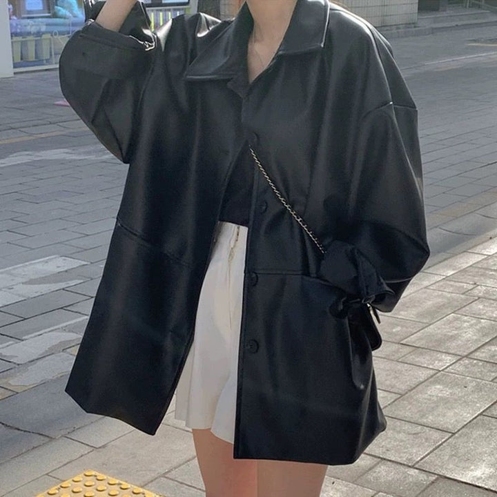Women's fashionable leather jacket in oversized style with classic collar and decorative buttons Lisslune