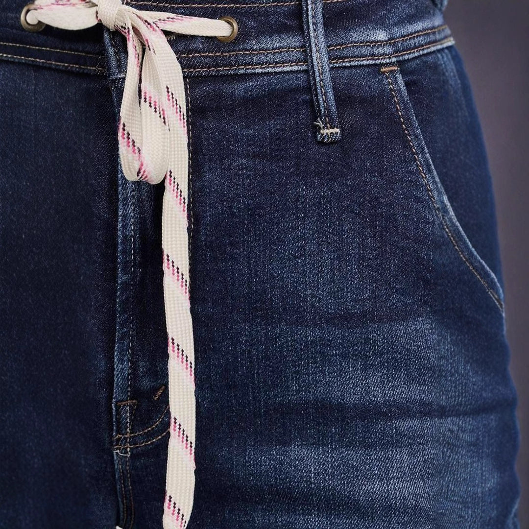 Women's wide-cut jeans with fashionable drawstring and elastic waistband