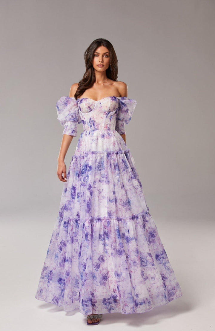 Women's Elegant Maxi Dress with Off-the-Shoulder Ruffle Sleeves and Floral Accents