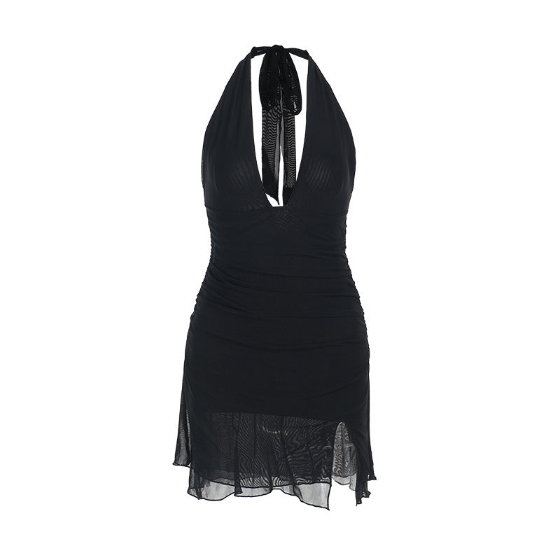 Ladies Halterneck Mini Dress with elegant slit and figure-hugging design Lune London