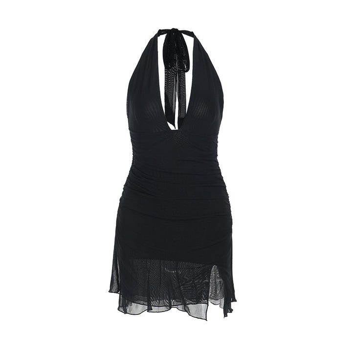 Ladies Halterneck Mini Dress with elegant slit and figure-hugging design Lune London