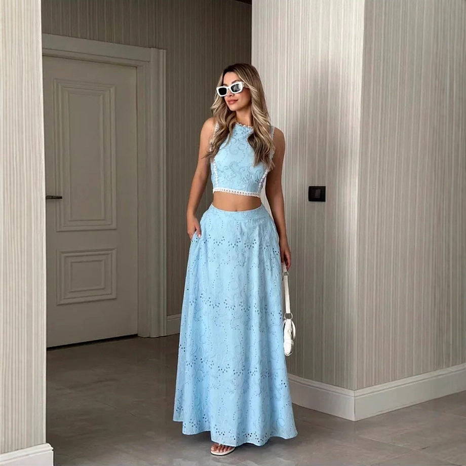 Women's maxi dress with delicate hole embroidery pattern and trendy crop top Lisslune