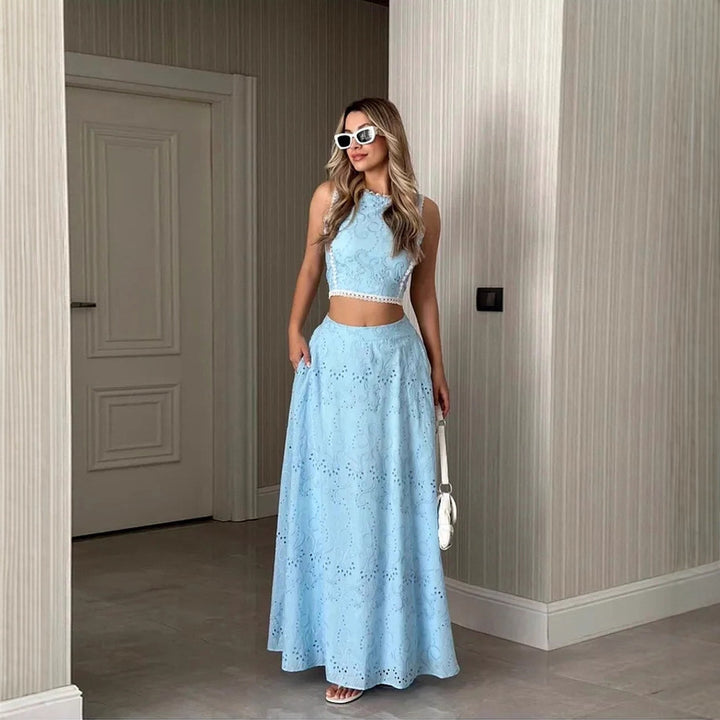 Women's maxi dress with delicate hole embroidery pattern and trendy crop top Lisslune