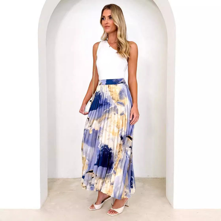 Ladies Elegant Pleated Skirt with Floral Design and Elastic Waistband Lisslune