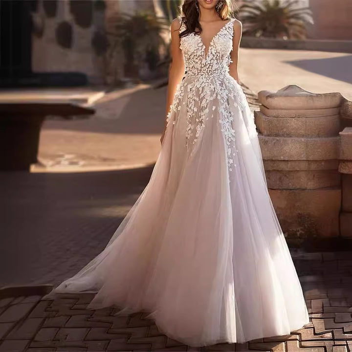 Ladies wedding dress with exquisite floral appliqués and deep V-neck Lisslune