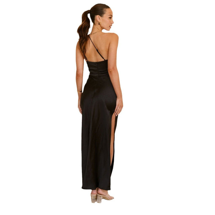 Women's Elegant Wrap Dress with Asymmetric Cut and Flowing Satin Fall