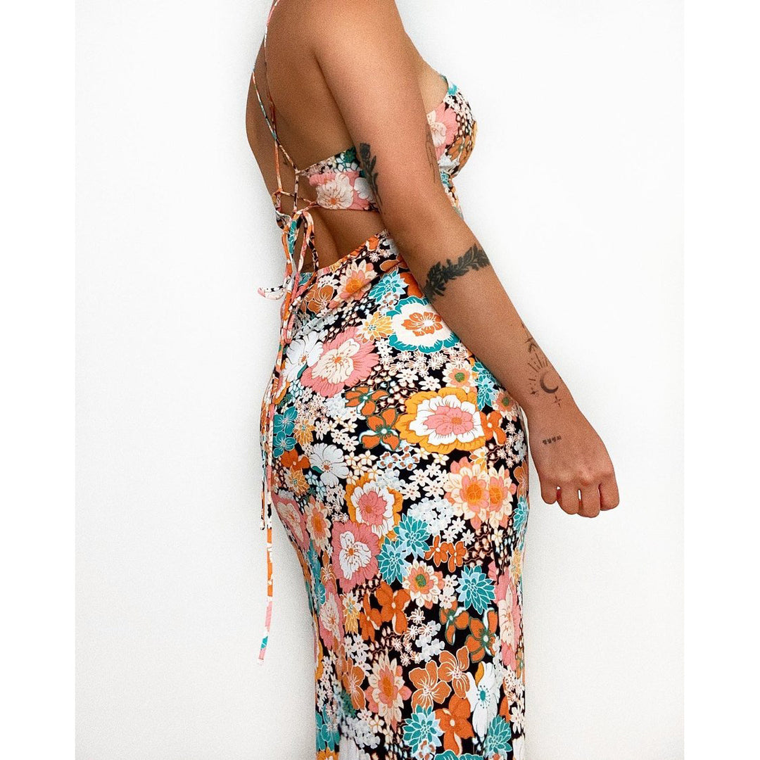 Ladies maxi dress with deep V-neck and side slit Lune London