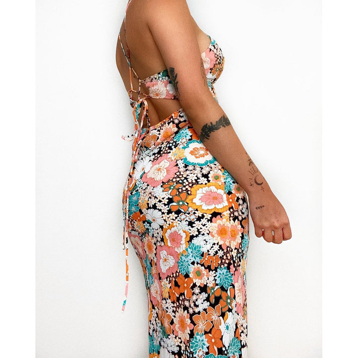 Ladies maxi dress with deep V-neck and side slit Lune London