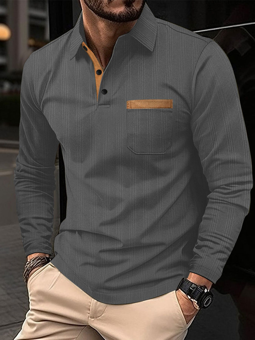 Men's Long Sleeve Shirt with Textured Design and Contrast Collar Lisslune